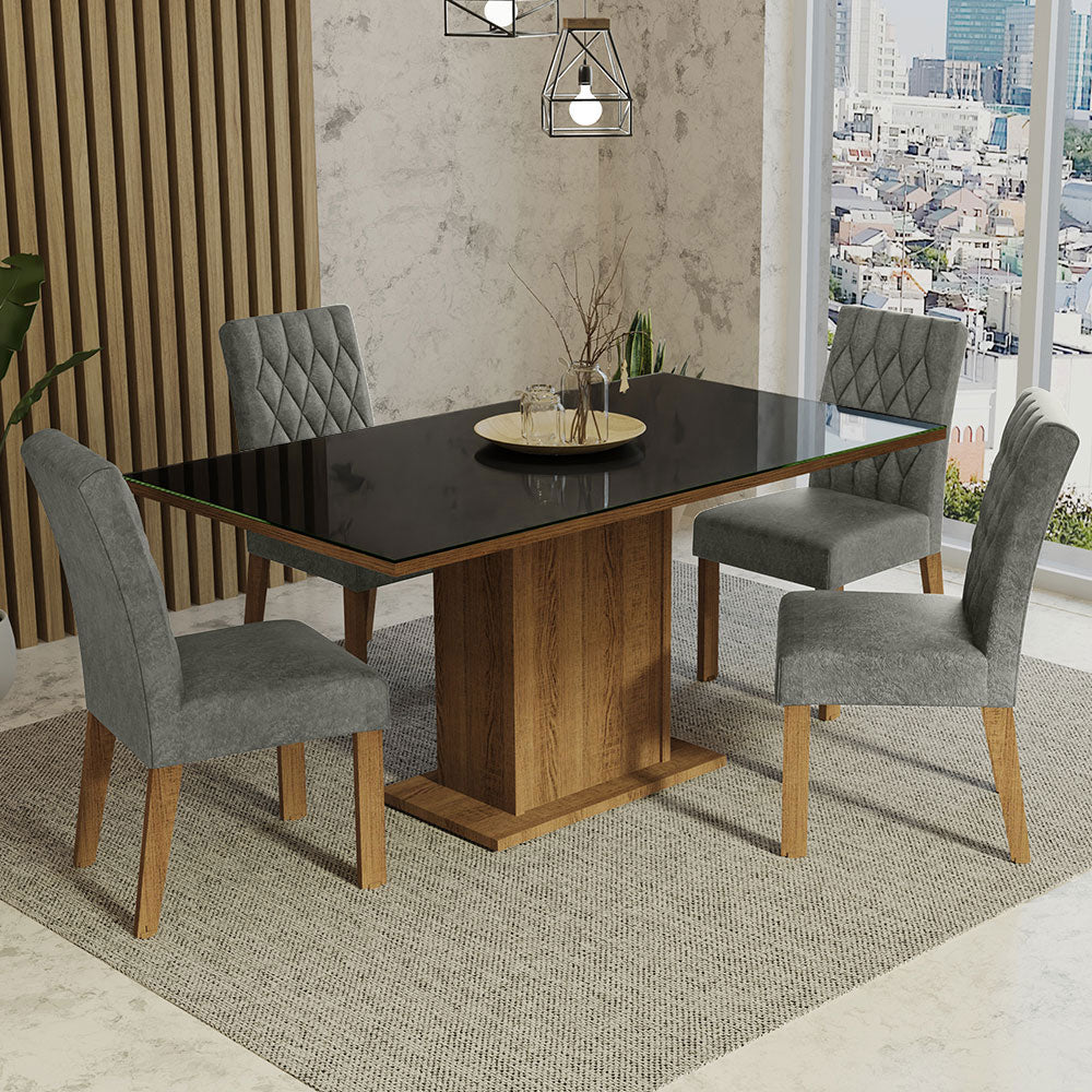 Juego de Comedor Mesa con Encimera de Vidrio 4 Sillas Marrón/Negro/Silver Marilia
