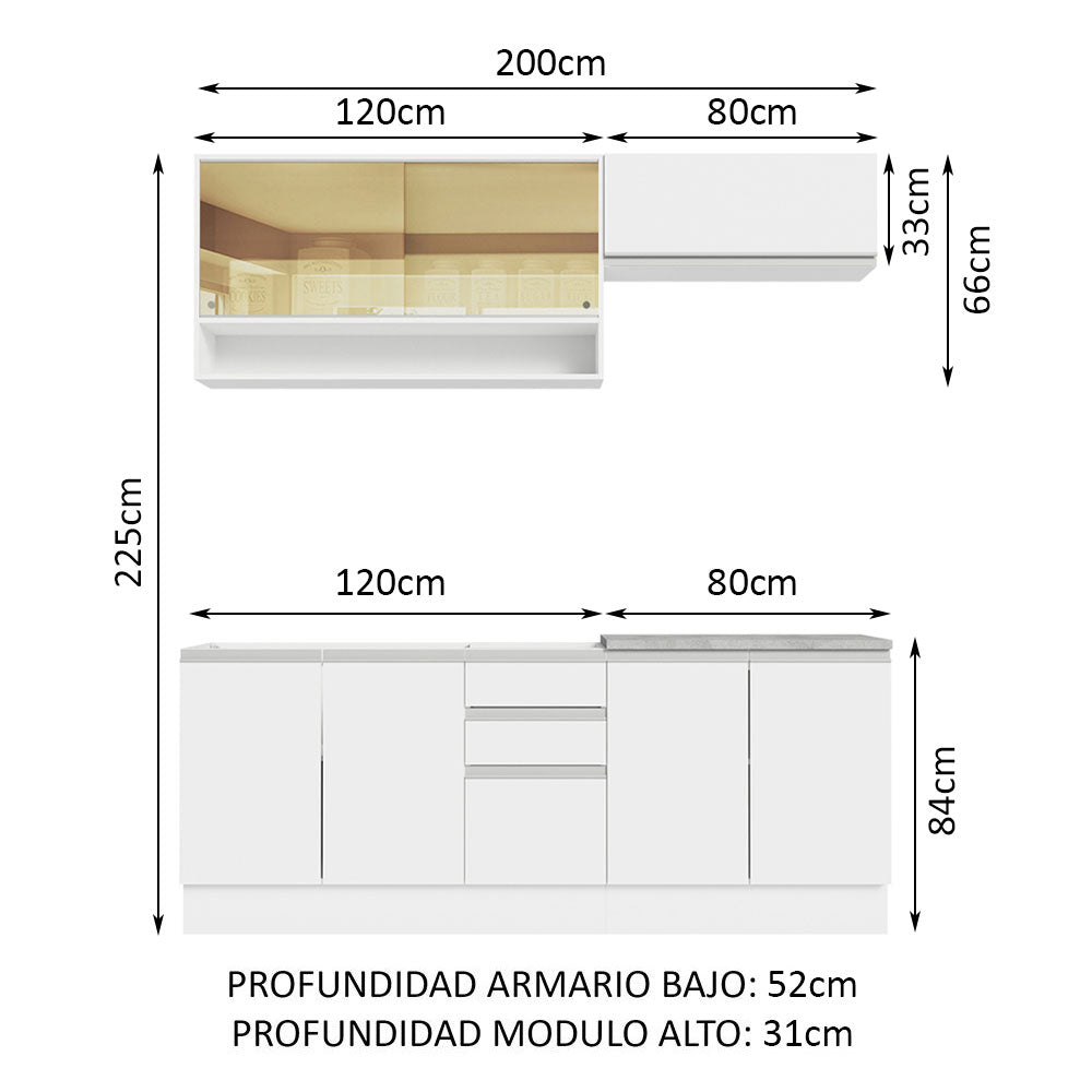 Cocina Integral con Lavadero 200cm Glamy 09 Blanco