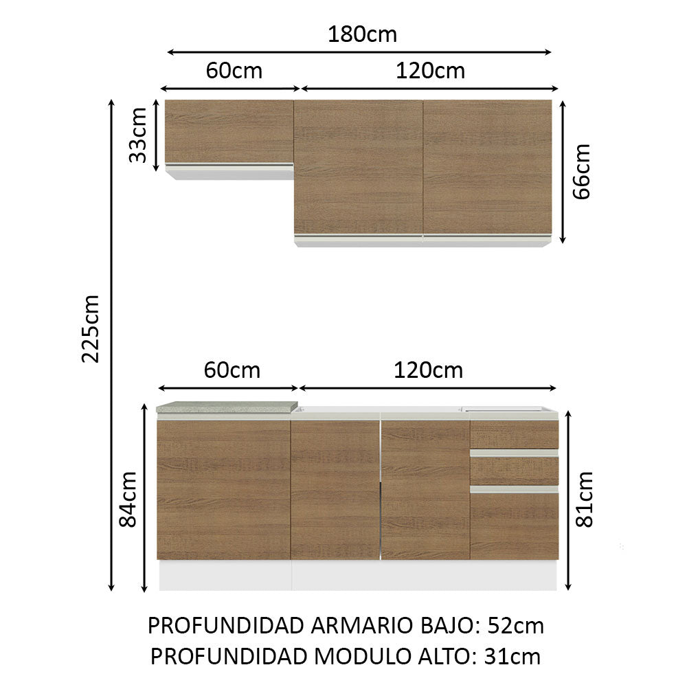 Cocina Integral con Lavadero 180cm Glamy 13 Blanco/Marrón