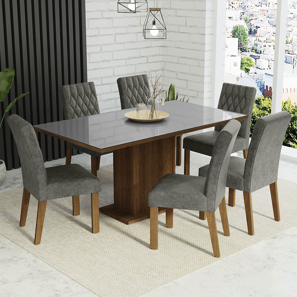 Juego de Comedor Mesa con Encimera de Vidrio 6 Sillas Marrón/Gris/Silver Geórgia