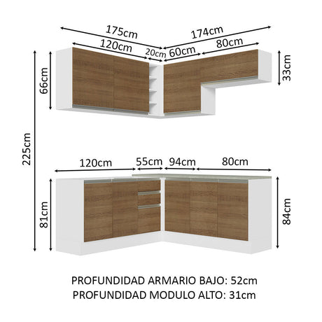 Cocina Integral Esquinera 349cm Blanco/Marrón Glamy Madesa 03
