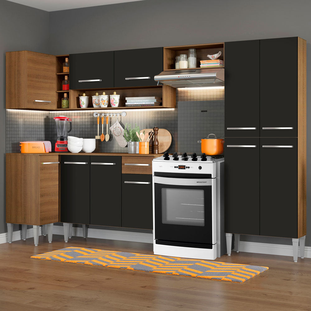 Cocina Integral Esquinera 353cm Marrón/Negro Emilly Sun 01