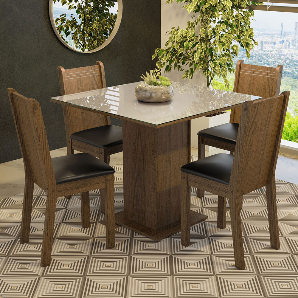 Juego de Comedor Mesa con Encimera de Vidrio 4 Sillas Marrón/Crema/Negro Perla