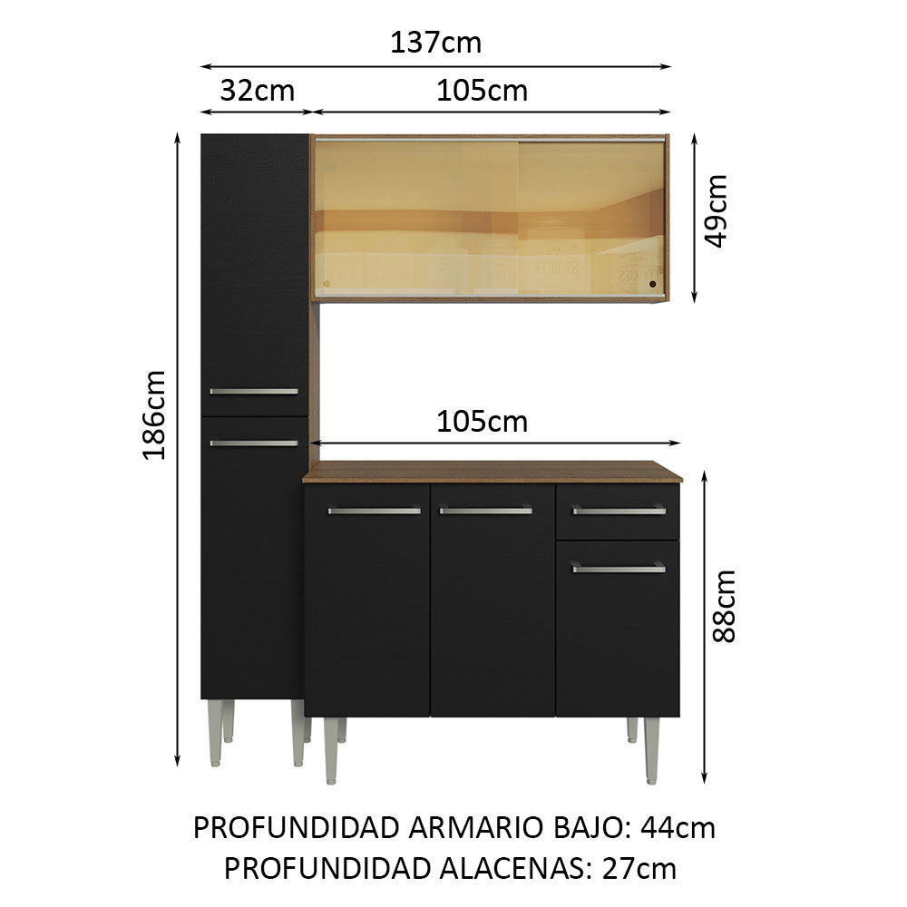 Cocina Compacta 137cm Sin Mesón De Acero Marrón/Negro Emilly Madesa 06