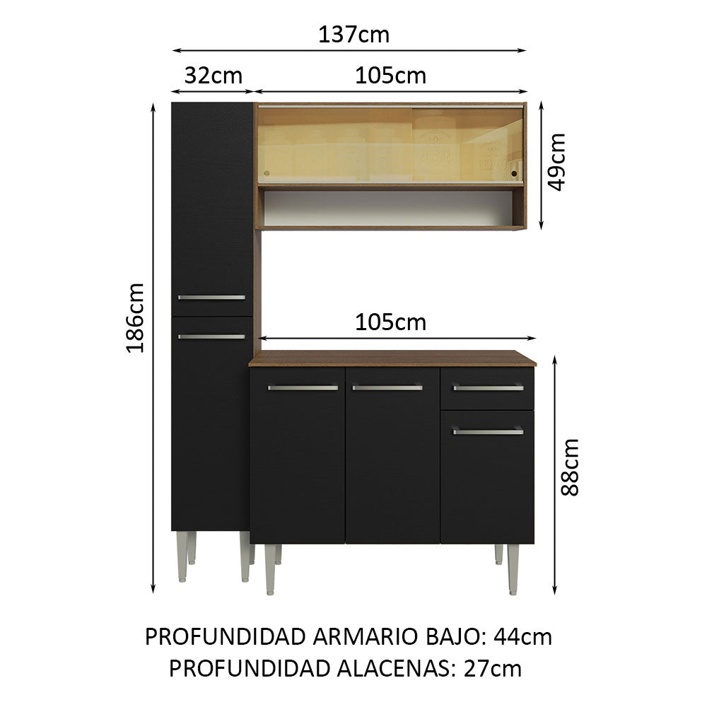 Cocina Compacta 137cm Sin Mesón De Acero Marrón/Negro Emilly Madesa 09