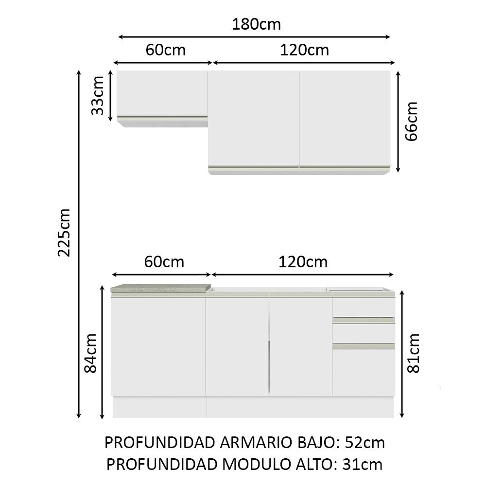 Cocina Integral con Lavadero 180cm Glamy 13 Blanco