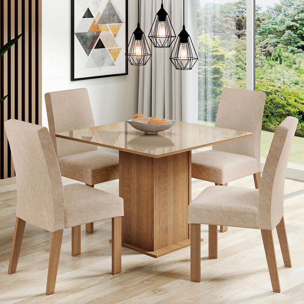 Juego de Comedor Mesa con Encimera de Vidrio con 4 Sillas Marrón/Crema/Imperial Evelin