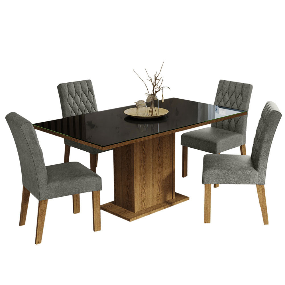 Juego de Comedor Mesa con Encimera de Vidrio 4 Sillas Marrón/Negro/Silver Marilia