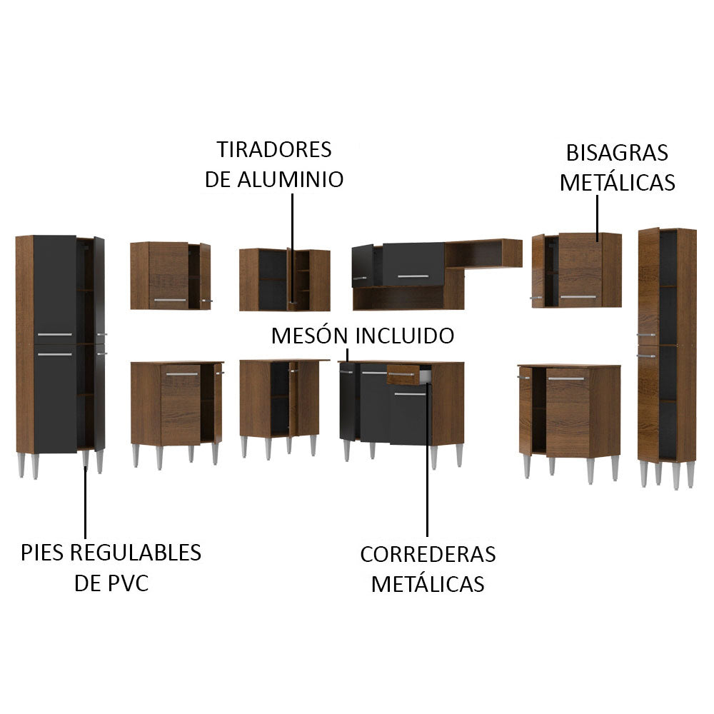 Cocina Integral Esquinera 513cm Marrón/Negro Emilly Big 02