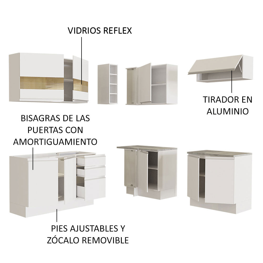 Cocina Integral Esquinera 349cm Blanco Glamy Madesa 01