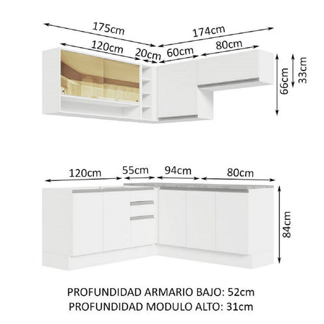 Cocina Integral Esquinera 349cm Blanco Glamy Madesa 04