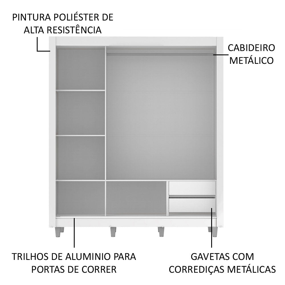 Clóset Matrimonial Lyon 3 Puertas Correderas con Espejo 2 Cajones con Patas Blanco