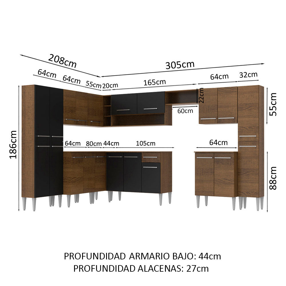 Cocina Integral Esquinera 513cm Marrón/Negro Emilly Big 02