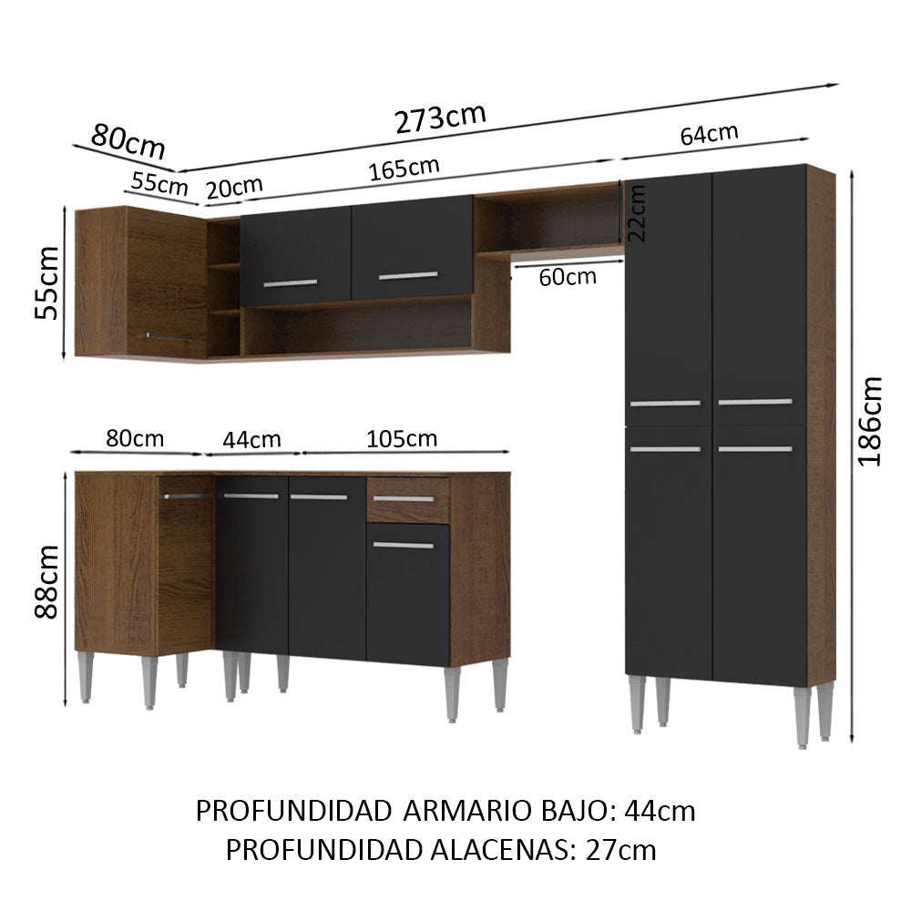 Cocina Integral Esquinera 353cm Marrón/Negro Emilly Sun 01