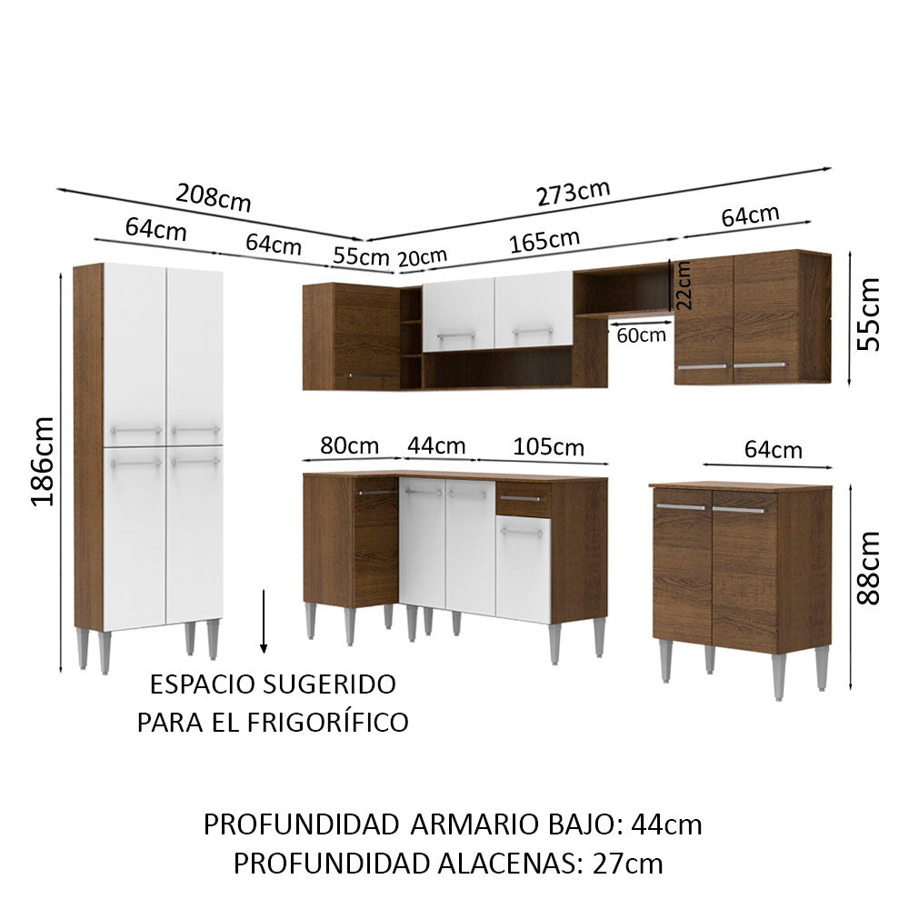 Cocina Integral Esquinera 481cm Marrón/Blanco Emilly Moon Madesa 01