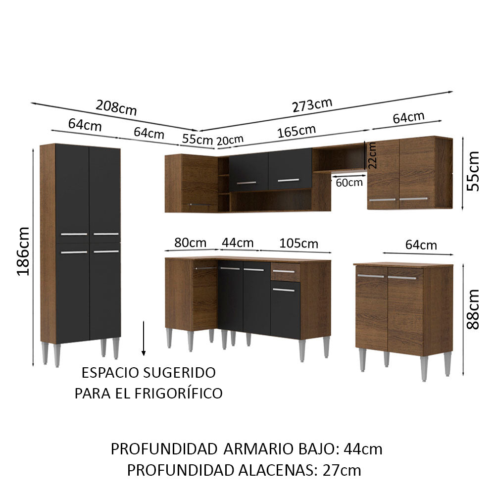Cocina Integral Esquinera 481cm Marrón/Negro Emilly Moon 01