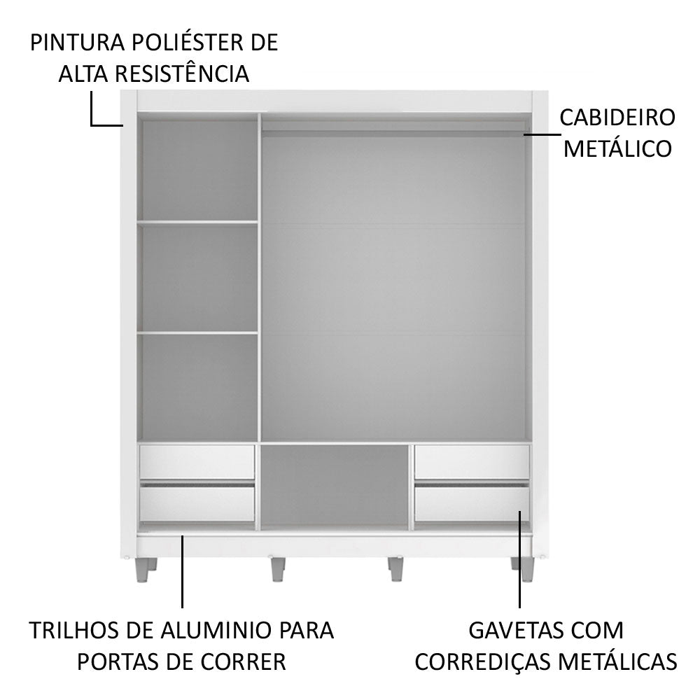 Clóset Matrimonial Lyon Plus 3 Puertas Correderas con Espejo 4 Cajones con Patas Blanco