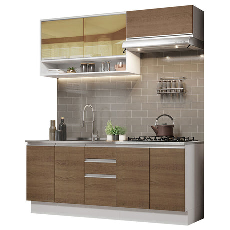 Cocina Integral 200cm Con Mesón de Acero Blanco/Marrón Glamy Madesa 04