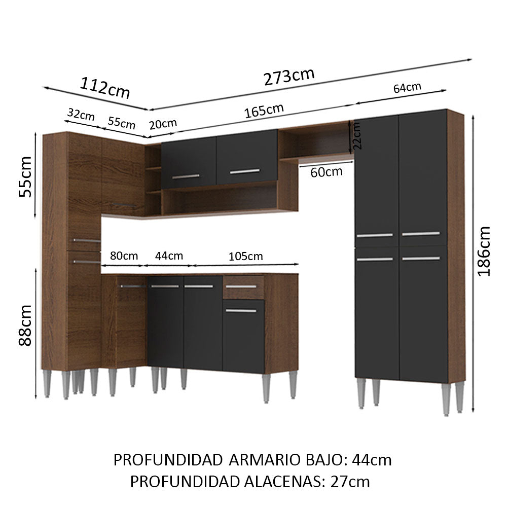 Cocina Integral Esquinera 385cm Marrón/Negro Emilly Love 01
