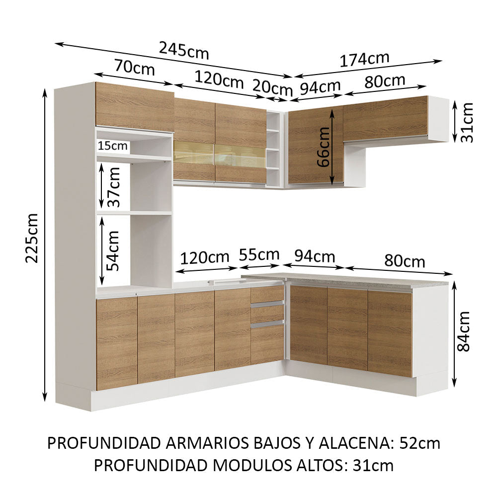 Cocina Integral Esquinera 419cm Blanco/Marrón Glamy Madesa 01