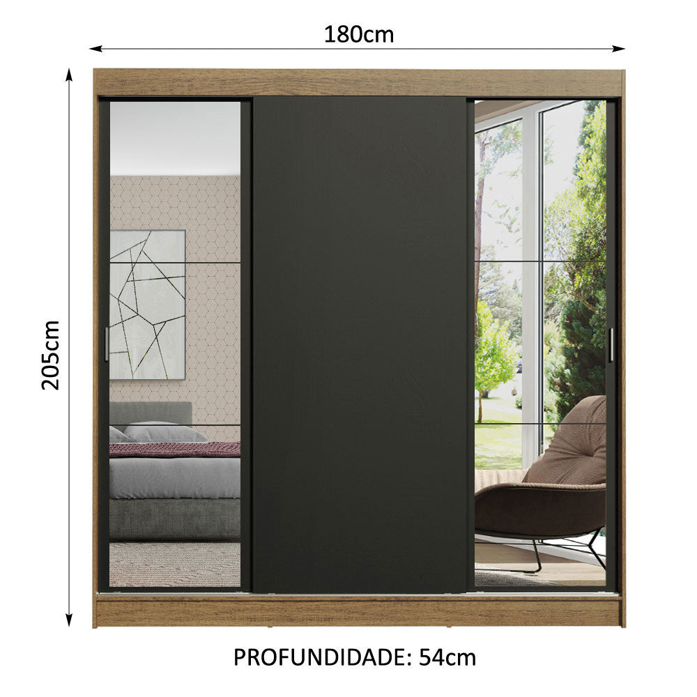 Clóset Matrimonial Reno 3 Puertas Corredizas con Espejos Marrón/Negro
