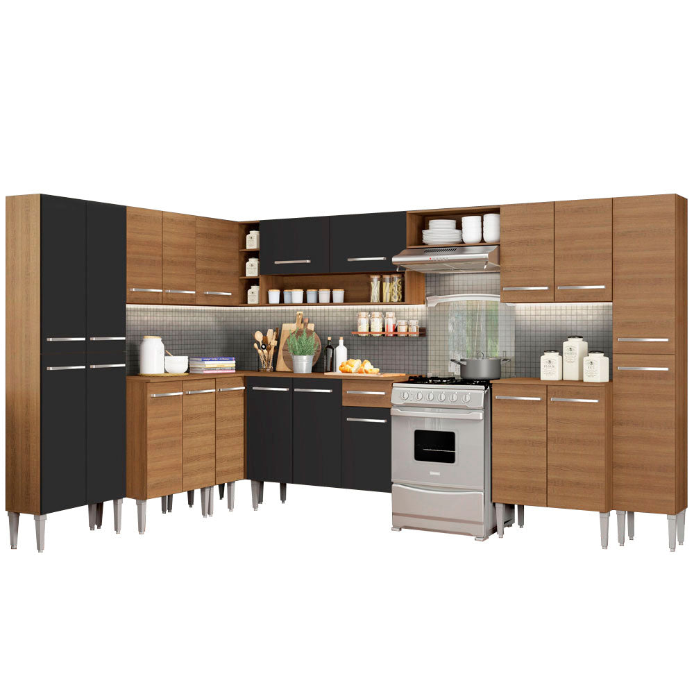 Cocina Integral Esquinera 513cm Marrón/Negro Emilly Big 02