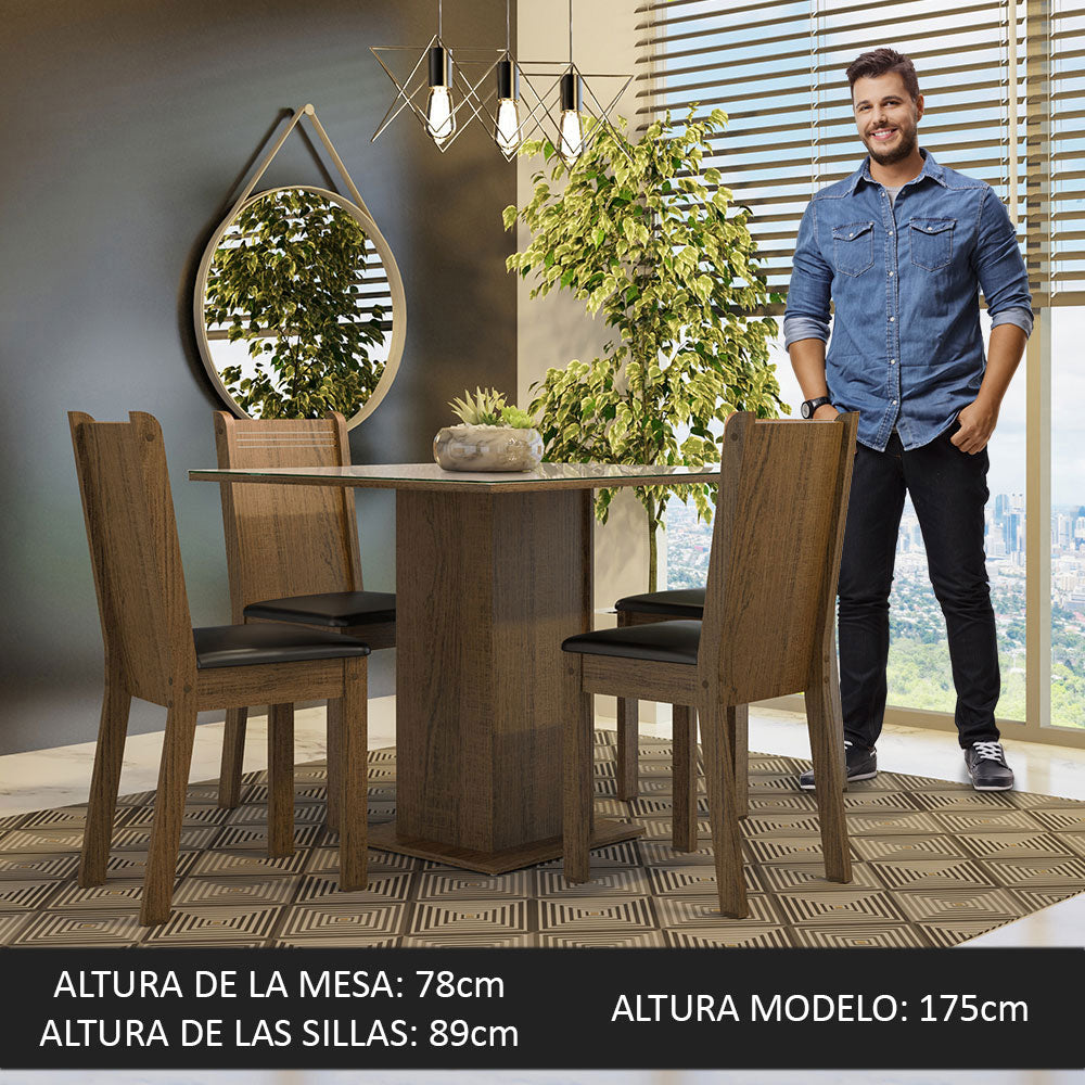 Juego de Comedor Mesa con Encimera de Vidrio 4 Sillas Marrón/Crema/Negro Perla